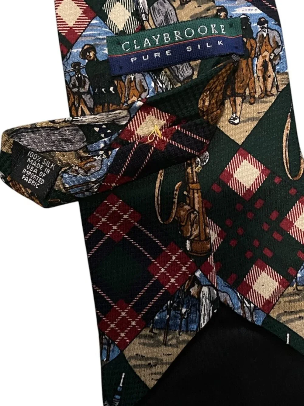 Vintage Claybrooke Pure Silk Men’s Tie Golf Graphic Print Green Red Novelty USA